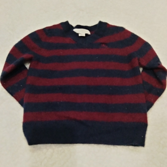 Burberry kids cashmere v neck sweater. Blue maroon striped. Size 4Y